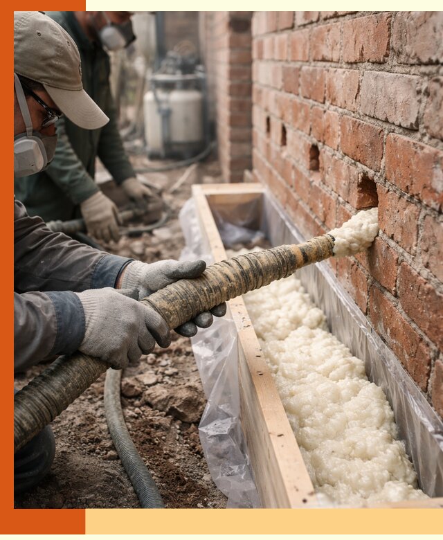 Заливка ППУ в пустоты кирпичной стены в Новоуральске