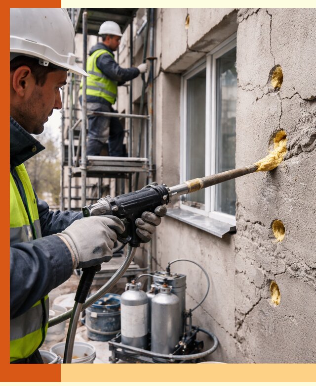 Заполнение пустот в фасаде и утепление стен в Новоуральске