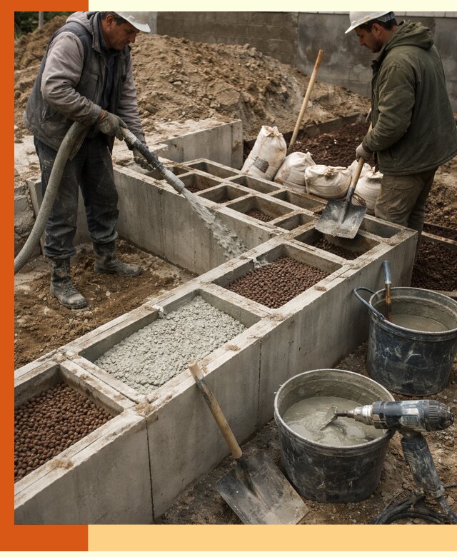 Заполнение полостей фундамента в Новоуральске герметичным утеплением и повышением прочности