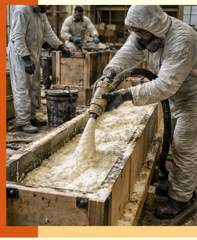 Заливка пенополиуретана в формы для утепления в Новоуральске